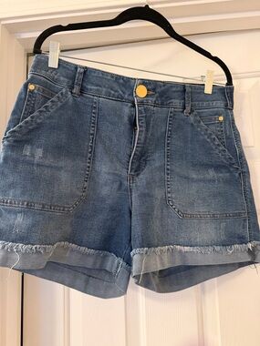 Democracy Medium Blue Frayed Cuffed High-Rise Jean Shorts